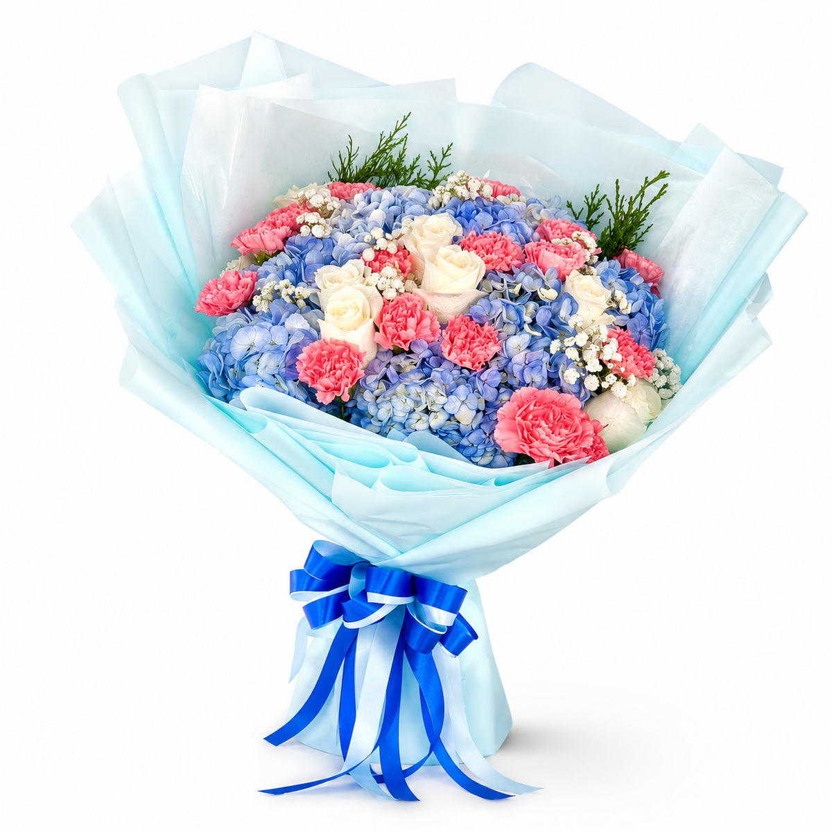 A soft mixed bouquet in white and pastel tones — thoughtfully arranged with seasonal blooms and light greenery for a clean, elegant look. Flower types may vary based on daily availability, while the overall style and color palette stay the same.