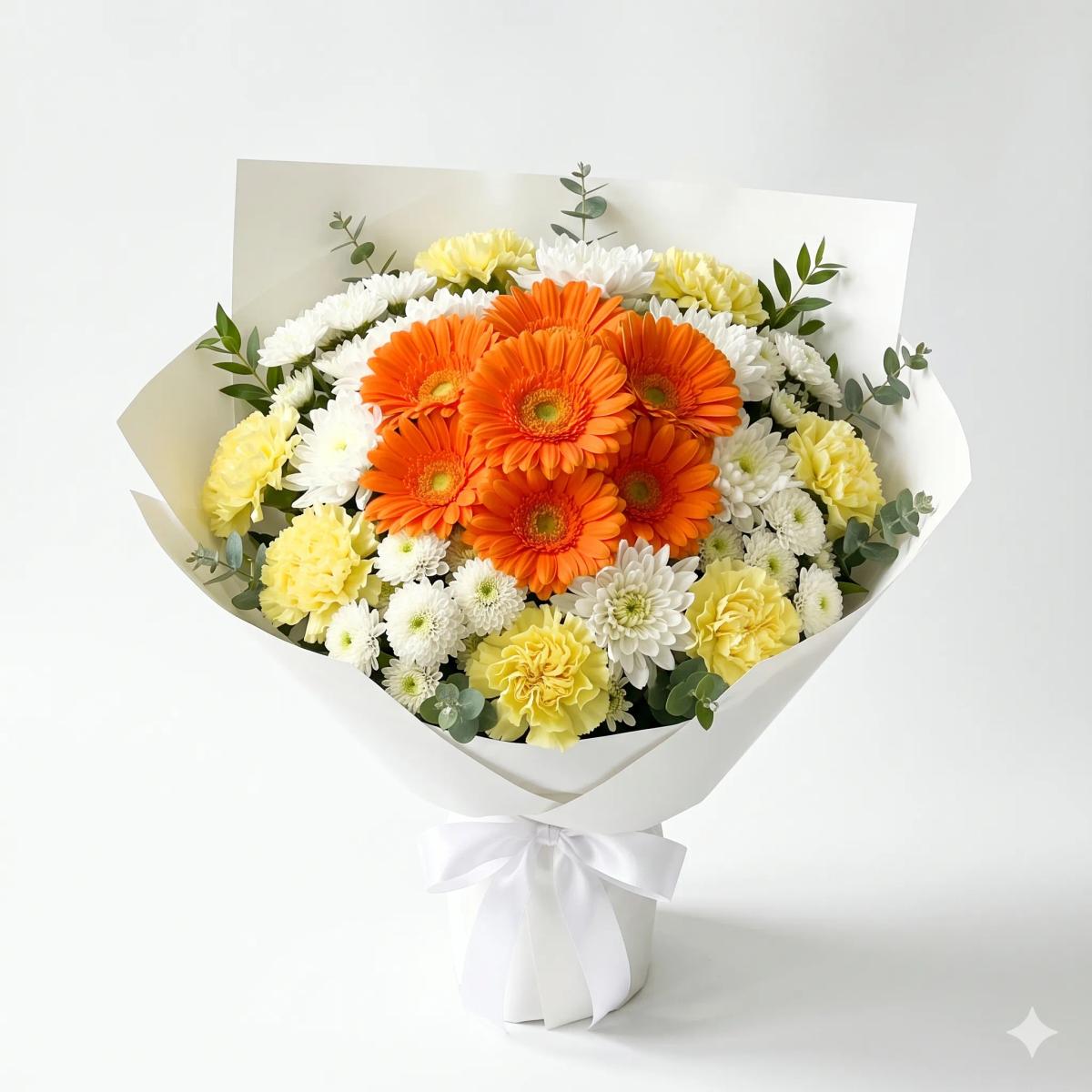 35cm flower bouquet with 8 orange gerbera, 6 yellow carnations, and 8 white mums in minimalist white wrapping, designed for congratulations, graduations, and joyful celebrations in Chiang Mai.