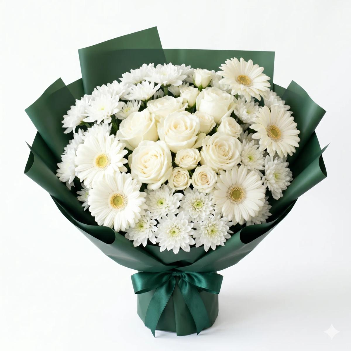 40cm flower bouquet with 9 white roses, 10 white mums, and 6 white gerbera in elegant pearl white wrapping, designed for sympathy, elegance, and graceful gifting in Chiang Mai.