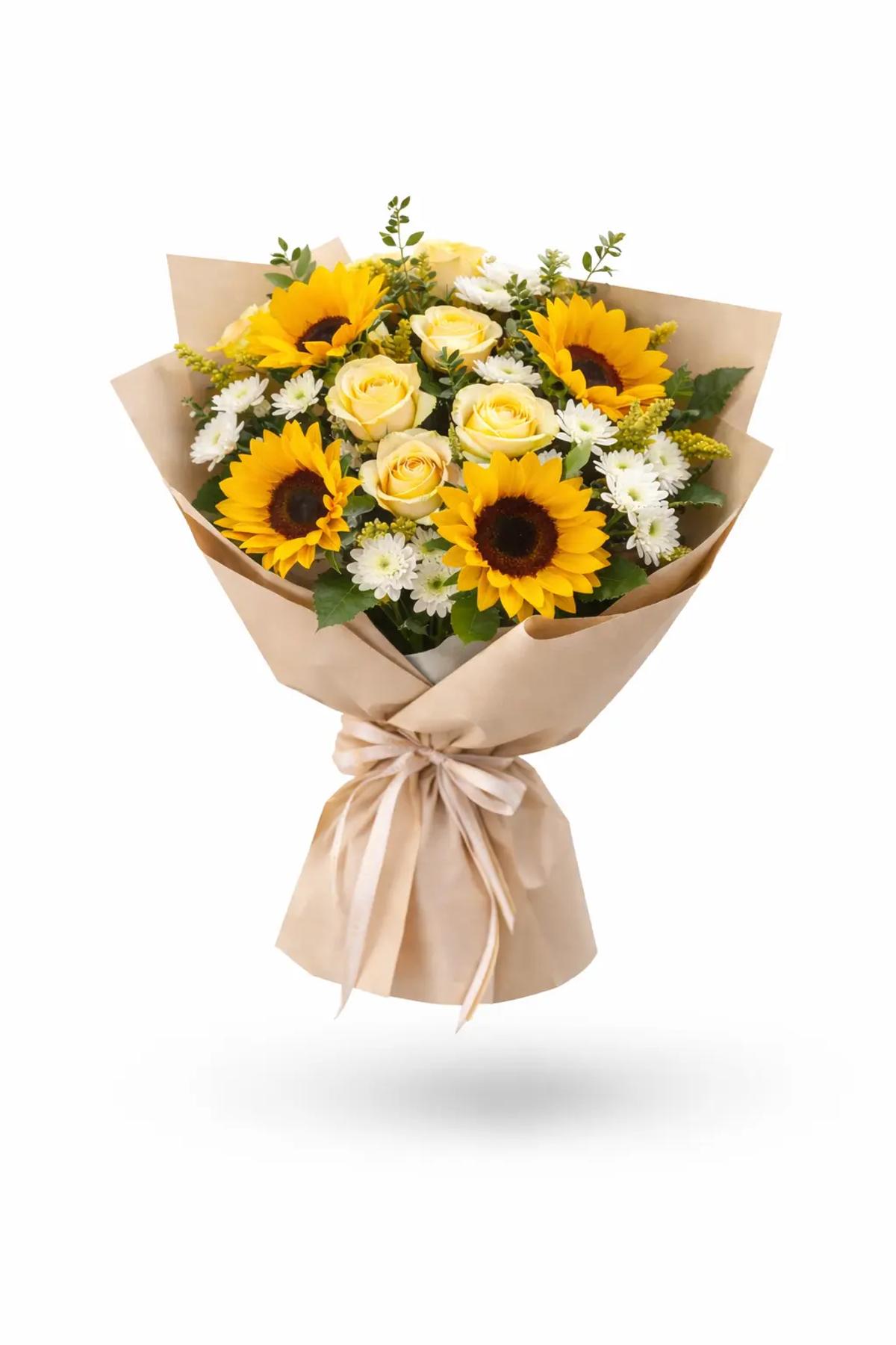 A bright and cheerful mixed bouquet full of sunshine and positive energy. This bouquet brings joy, warmth, and smiles from the first look.
