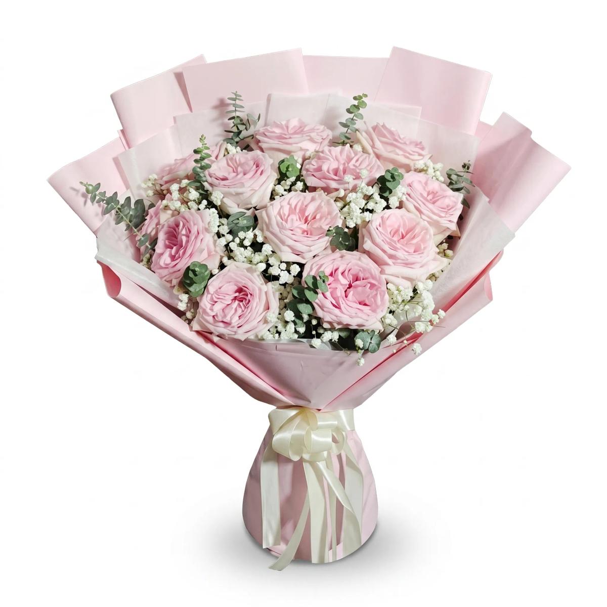 A big, premium bouquet featuring fresh roses, delicate baby’s breath, and seasonal greenery for a full, elegant look. Wrapped with quality paper and finished with a ribbon — a perfect choice for big celebrations, anniversaries, birthdays, or heartfelt congratulations.