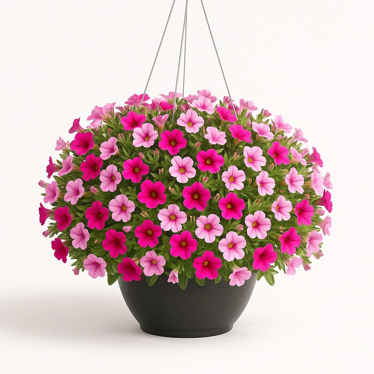Compact bouquet of pink and purple petunias in a hanging basket.
