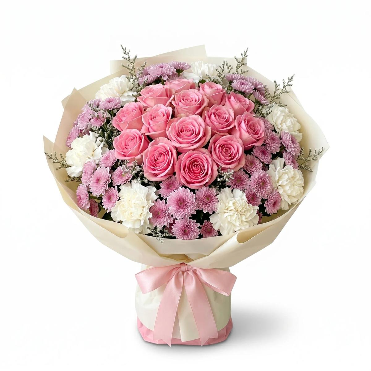 35cm flower bouquet with 7 pink roses, 6 white carnations, and 8 pink mums in soft cream matte wrapping, designed for birthdays, crushes, and sweet surprises in Chiang Mai.