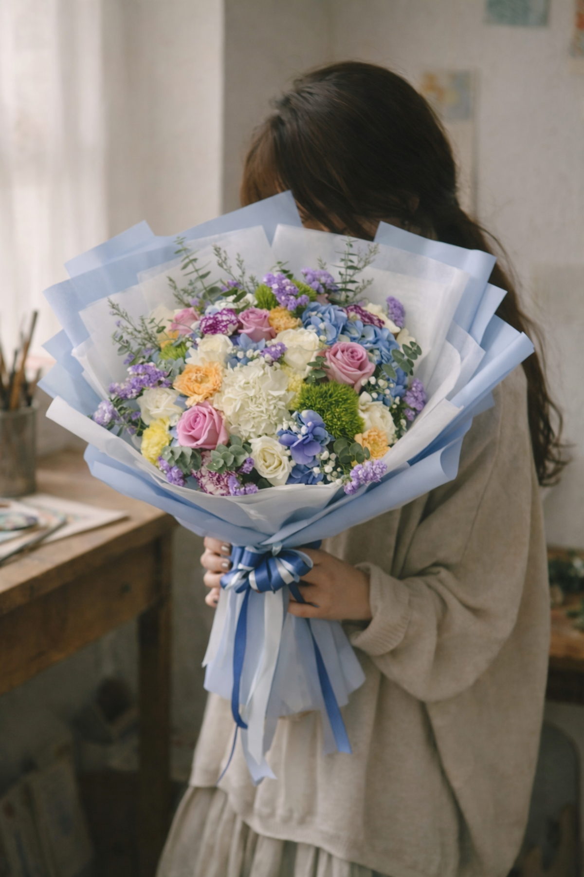 A soft pastel bouquet arranged in a full, rounded garden style with a fresh and cheerful feeling. The flowers are gently balanced to create a natural and elegant look, combining soft textures and light colors. Wrapped in light blue and white paper with a simple ribbon, the bouquet feels airy, delicate, and joyful, making it a beautiful gift to brighten someone’s day.